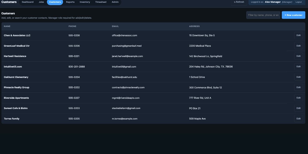 Customer CRM with contact info and job history