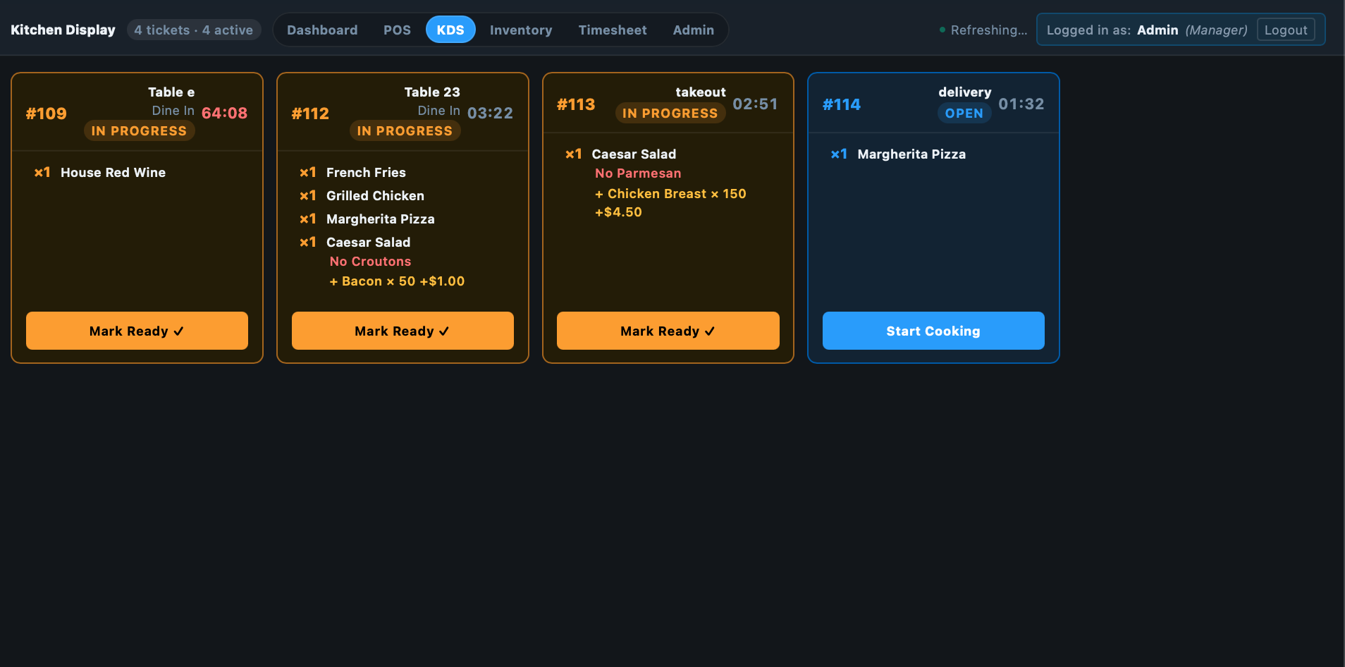 Kitchen display system showing live orders