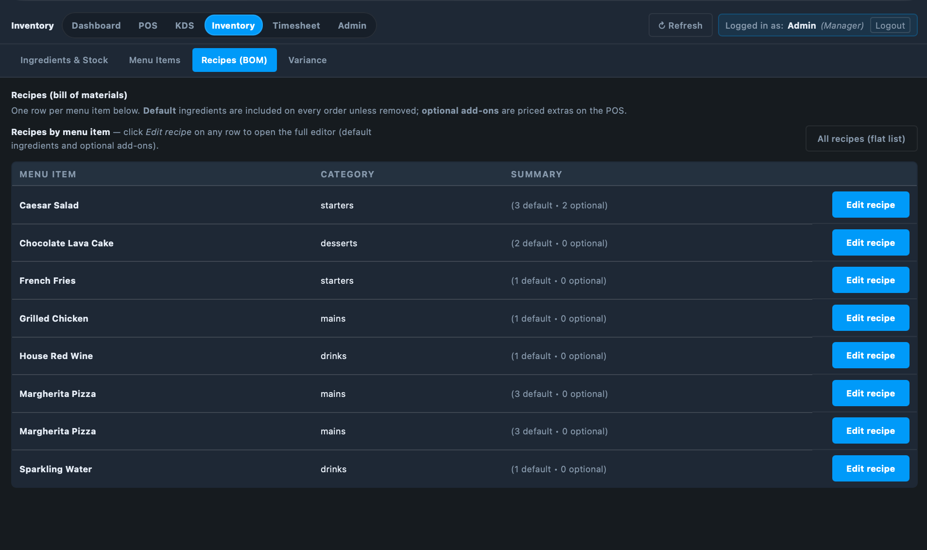 Bill of materials recipe editor
