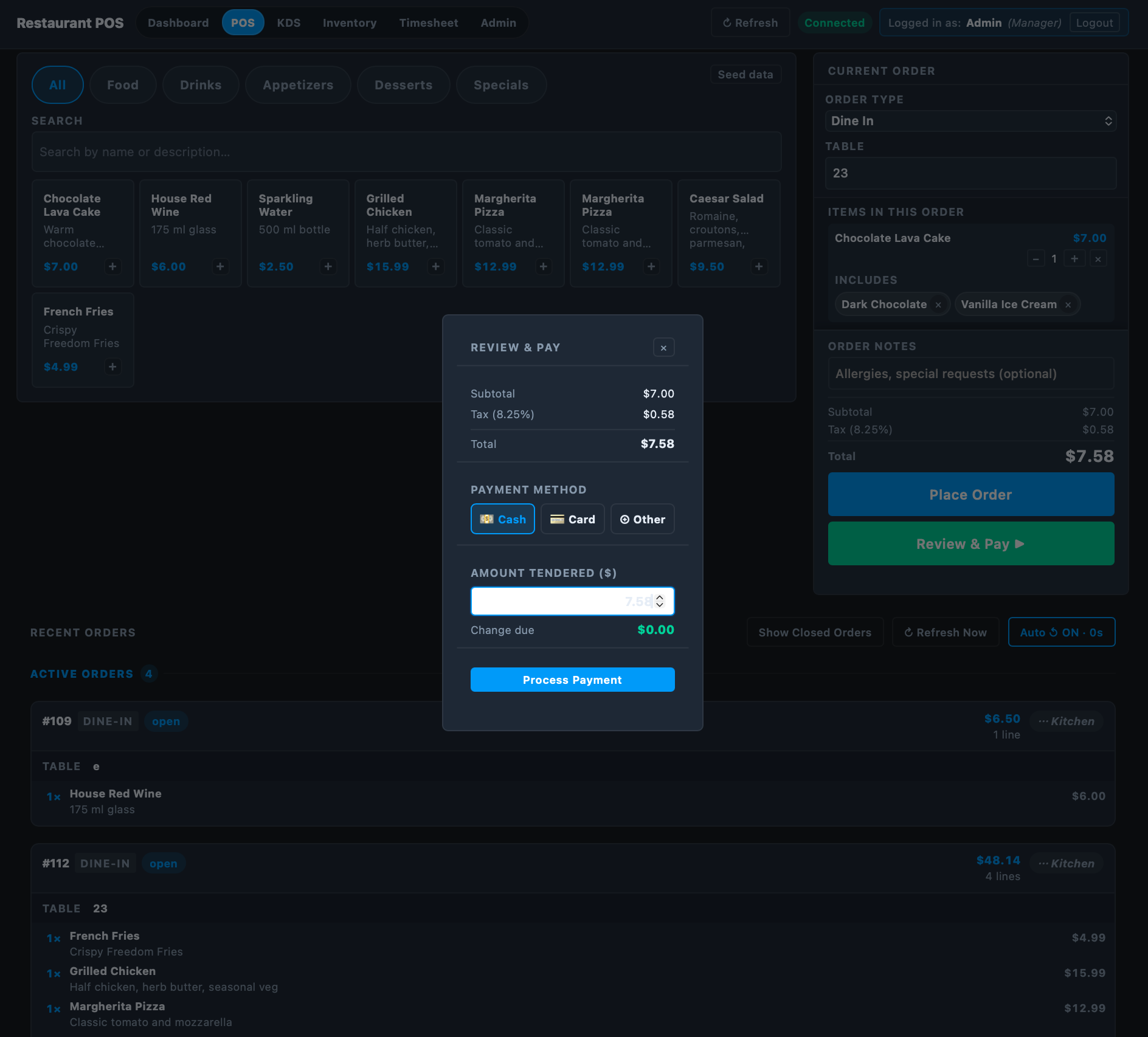 Payment selection screen — cash and card